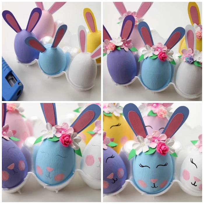 diy tutorial, step by step, bunny eggs, dying eggs with shaving cream, dyed eggs, with ears and flower crowns