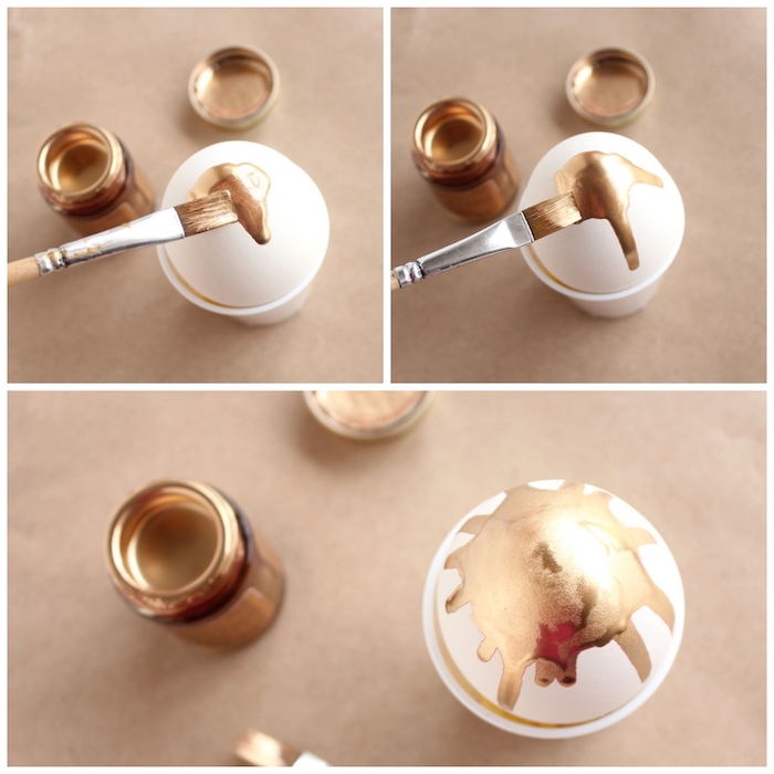 step by step, diy tutorial, what is easter egg, gold paint dripping, down a white egg