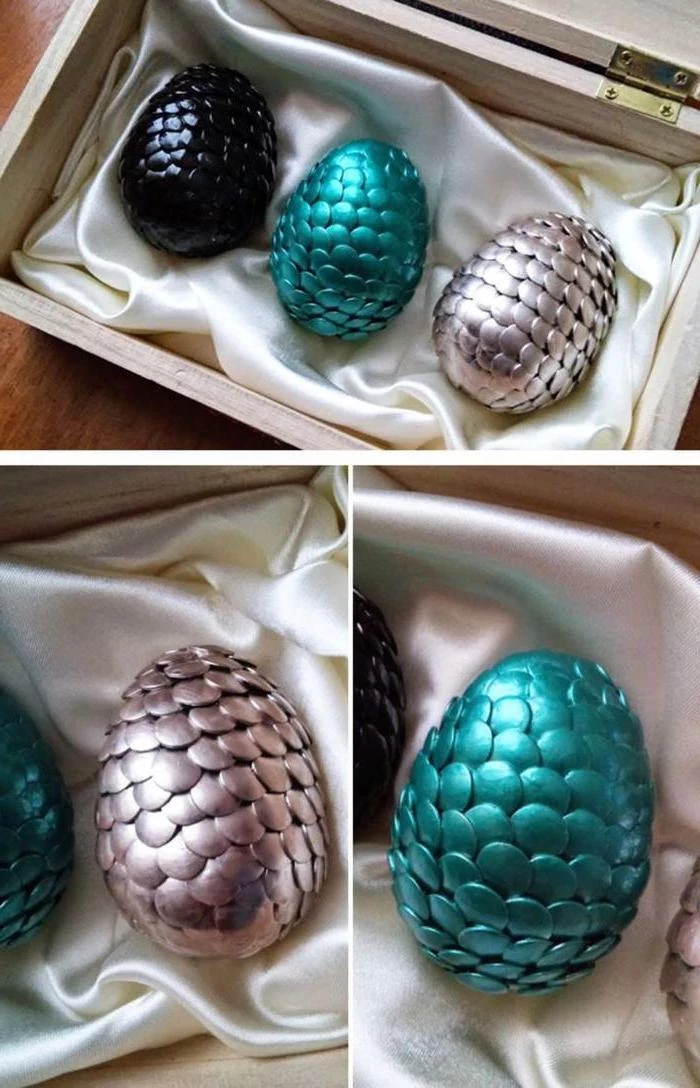 dragon eggs, game of thrones inspired, shaving cream easter eggs, in a wooden box, on a satin cloth