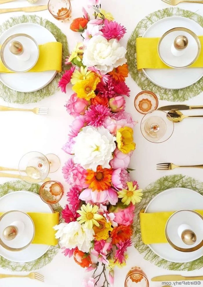 yellow napkins, across white plate settings, easter decorating ideas table setting, flower table runner