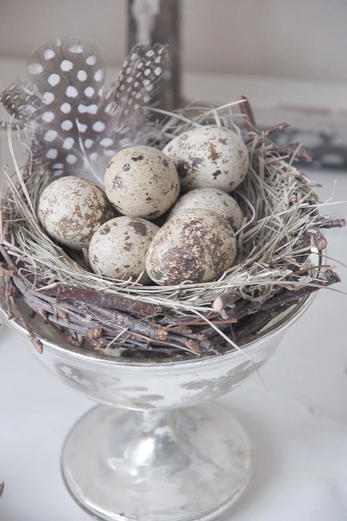 rustic style, brown and white eggs, in a nest, in a glass bowl, natural egg dye, feathers inside