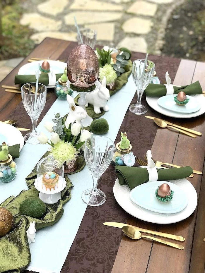 olive green napkins, green table runner, diy easter decorations, dyed eggs, across the table