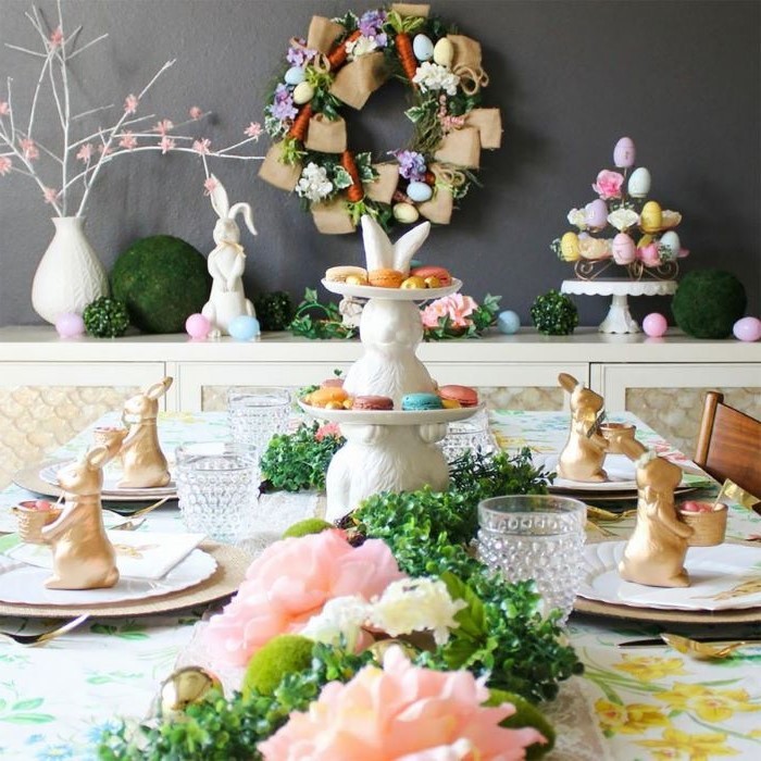easter wreath, easter decorating ideas table setting, ceramic bunny figurines, chocolate bunnies