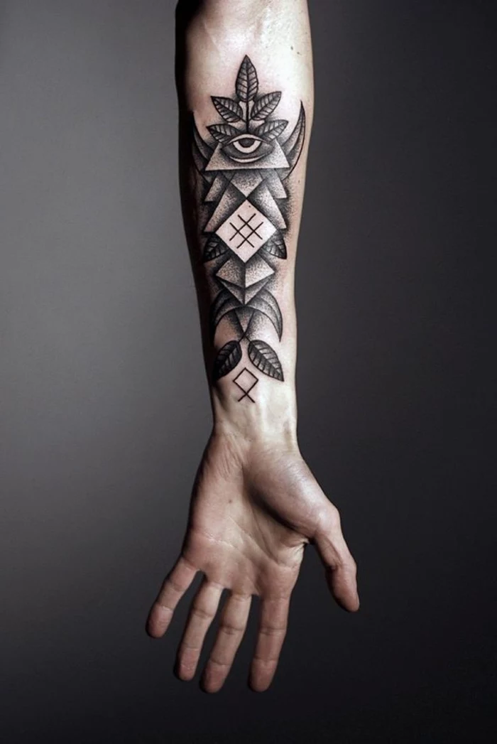 forearm tattoo, inspired by the egyptian gods, sacred tattoo, black background