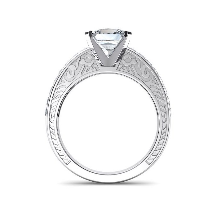engraved white gold band, unique wedding rings, large diamond in the middle, white background