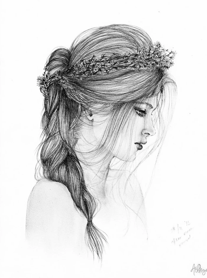 black and white sketch, girl drawing, braided side ponytail, floral crown on her head