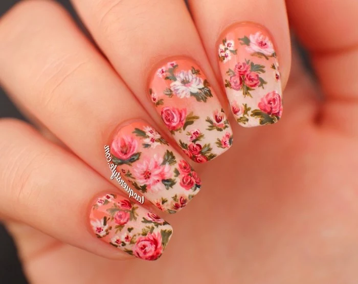 short squoval nails, floral manicure, nail design ideas, orange and nude ombre nail polish