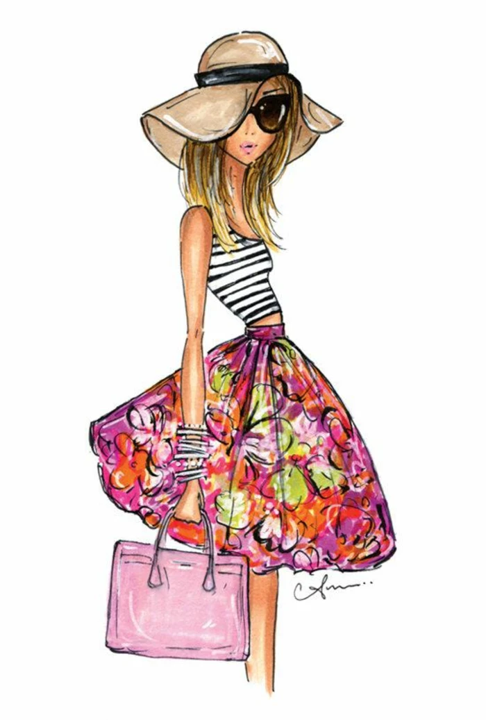 floral skirt, pink bag, cute sketches, black and white striped top, large sun hat, black sunglasses
