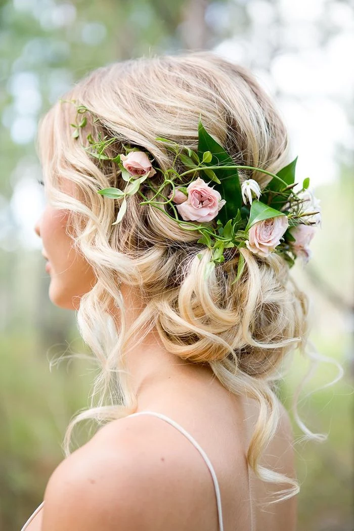 long blonde wavy hair, in a low updo, easy hairstyles to do yourself, flower headband, white straps