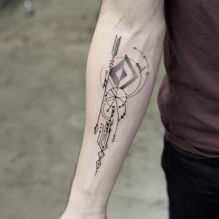 forearm tattoo, with arrows circles and triangles, back forearm tattoos, blurred background