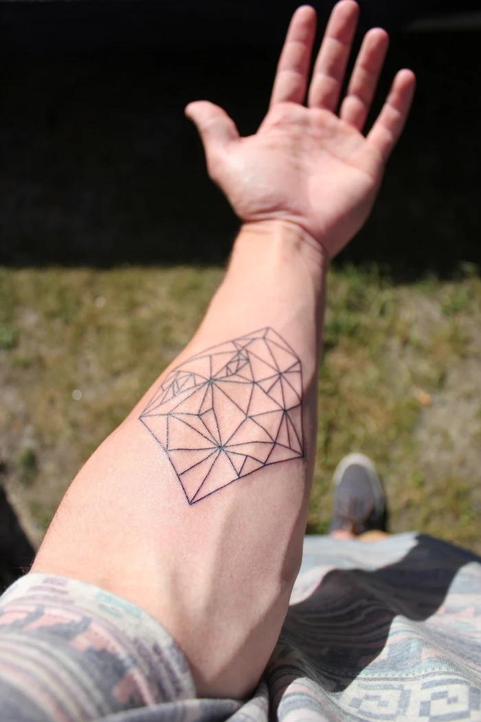 geometrical shapes, forearm tattoo, back forearm tattoos, man wearing a patterned shirt