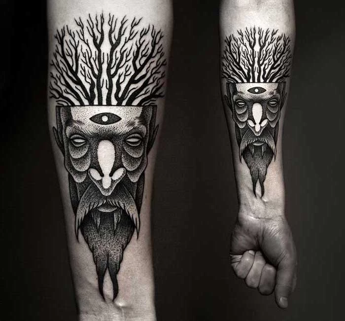 pagan god of the forest, forearm tattoo, black and white, black background, tattoo ideas for men, hand in a fist