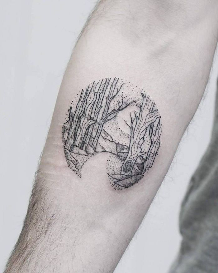 forest landscape, in a small circle, forearm tattoo, tattoo ideas for men, white background