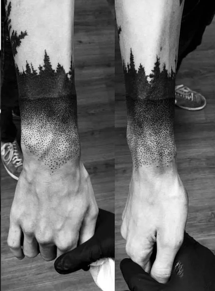 forest landscape, wrist tattoo, hand with black gloves, holding another hand, shoulder tattoos for men