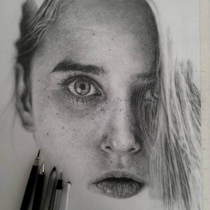 black and white drawing, a girl with freckles, cute sketches, pencils in the corner, white background