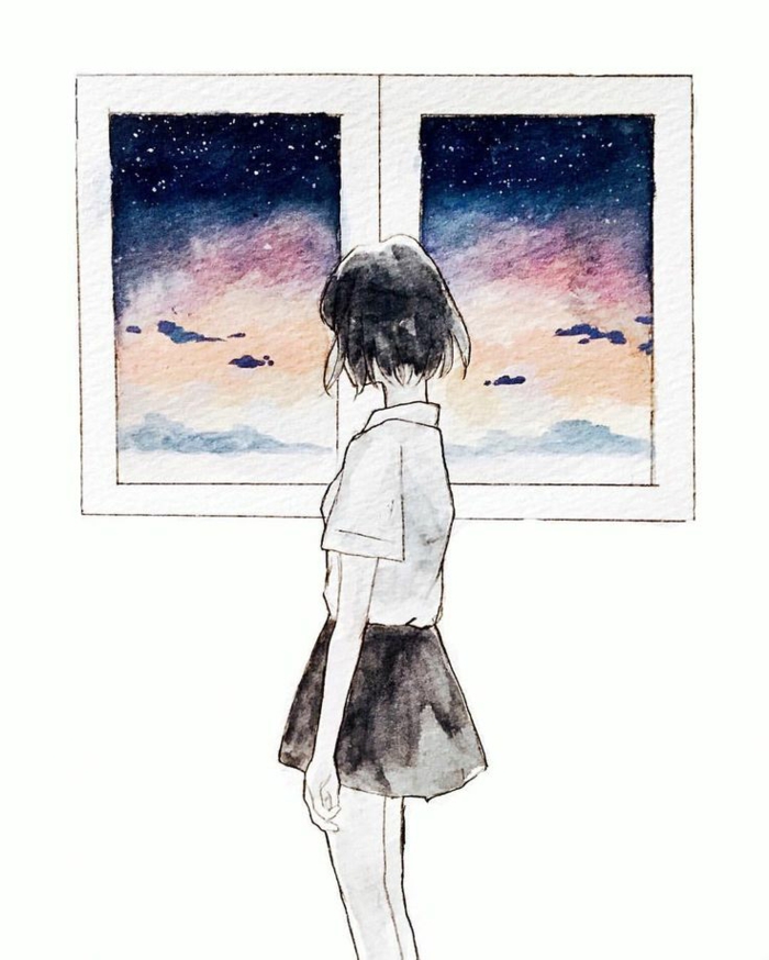 girl standing next to a window, colourful skies through the window, how to draw a girl face