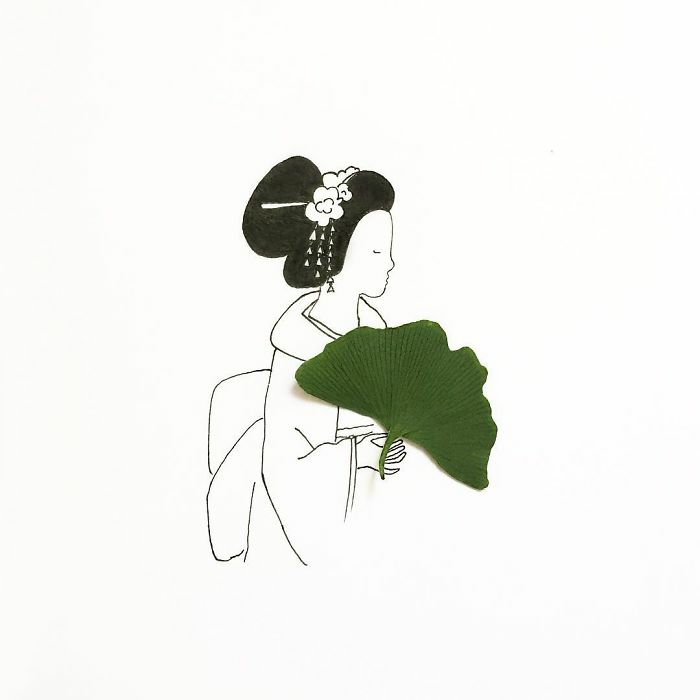 black and white drawing of a geisha, green leaf, used as a fan, how to draw a girl face