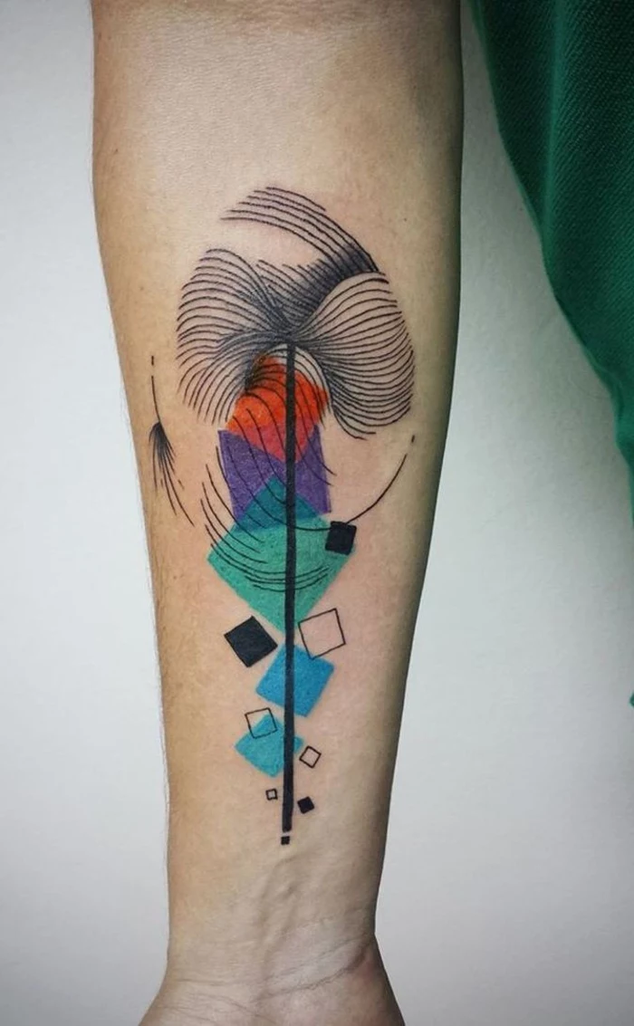 colourful geometrical shapes, on the back of the arm, geometric animal tattoos, white background