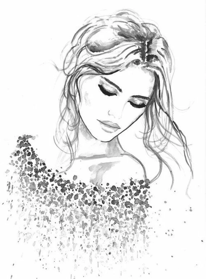 black and white drawing, a girl looking over her shoulder, hair in a messy bun, how to draw a girl face