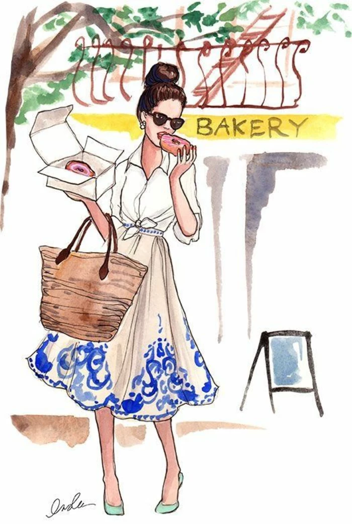 girl walking, eating donuts, wearing a white and blue dress, how to draw a girl face, holding a bag
