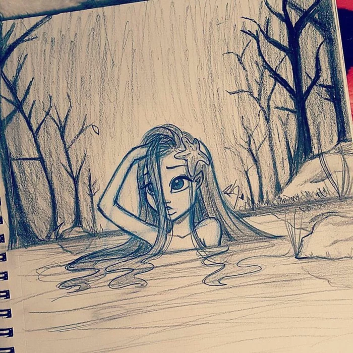 girl in a river, black and white drawing, pretty girl drawing, surrounded by trees and rocks