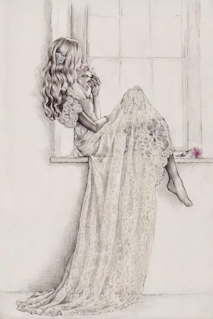 girl sitting next to a window, wearing a longe lace dress, long curly hair, pretty girl drawing, holding a flower