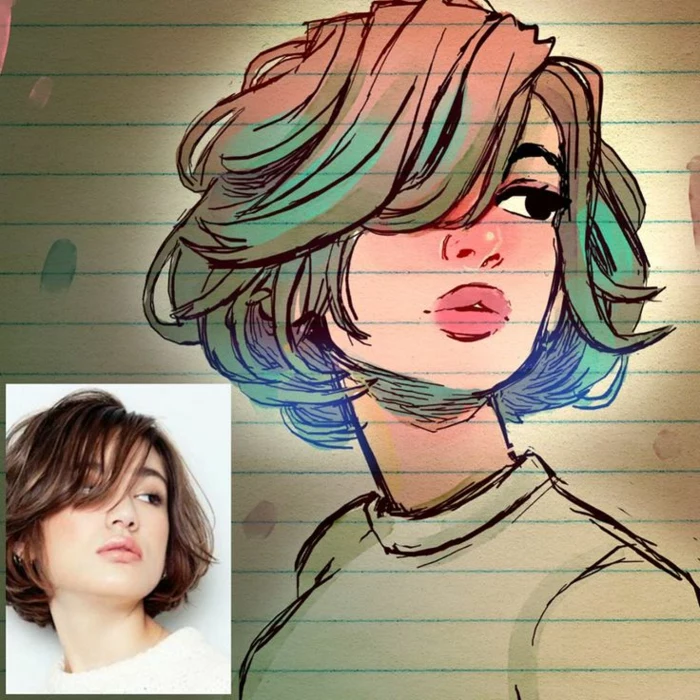 drawing by a photo, colourful short hair, pink lips, pretty girl drawing, realistic drawing