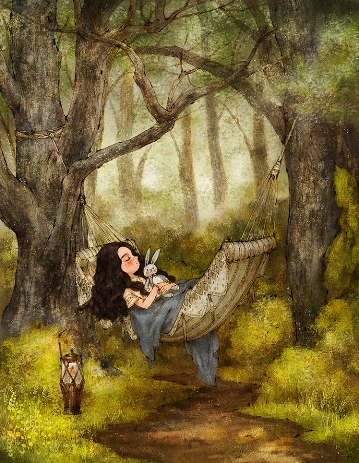 girl sleeping in a hammock, how to draw a girl, holding a plush bunny, surrounded by trees and bushes