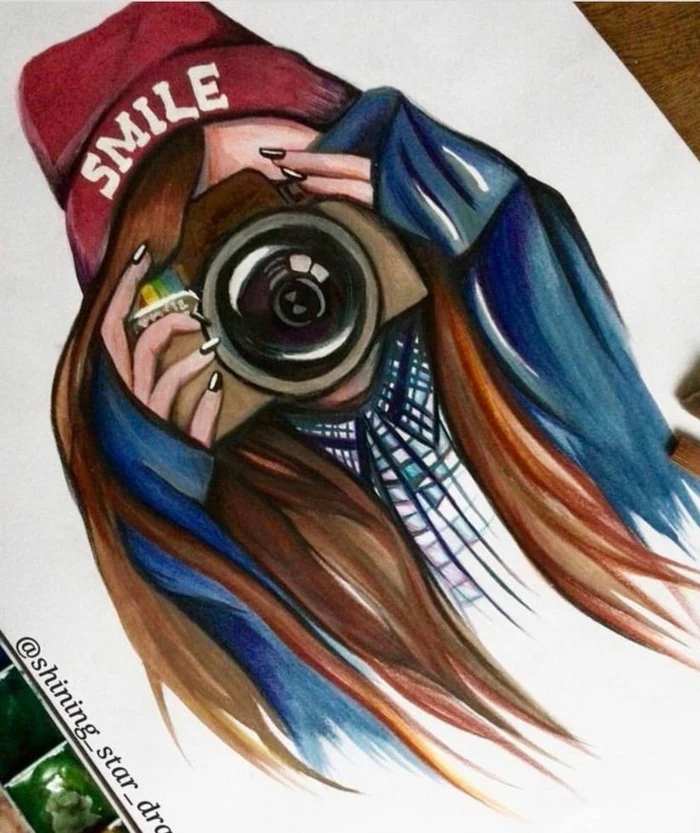 girl holding a camera, long brown hair, red hat with smile inscription, pretty girl drawing, white background