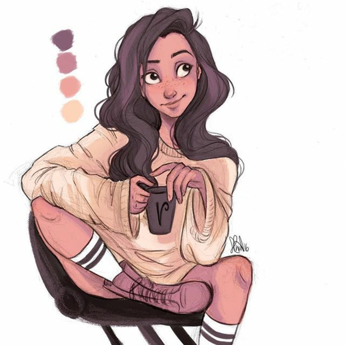 girl sitting on a char, wearing a beige sweater, long brown wavy hair, girl outline, holding a mug