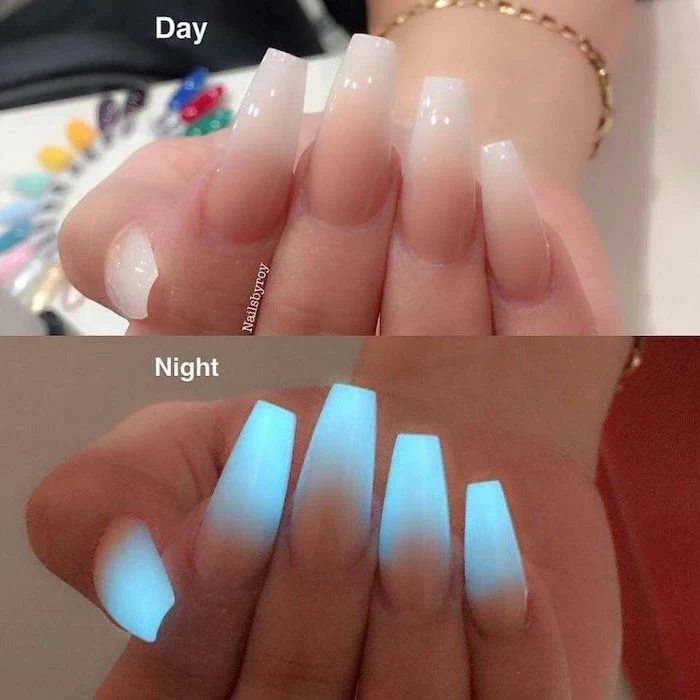 long coffin nails, photographer during the day and the night, glow in the dark nail polish, nail design ideas