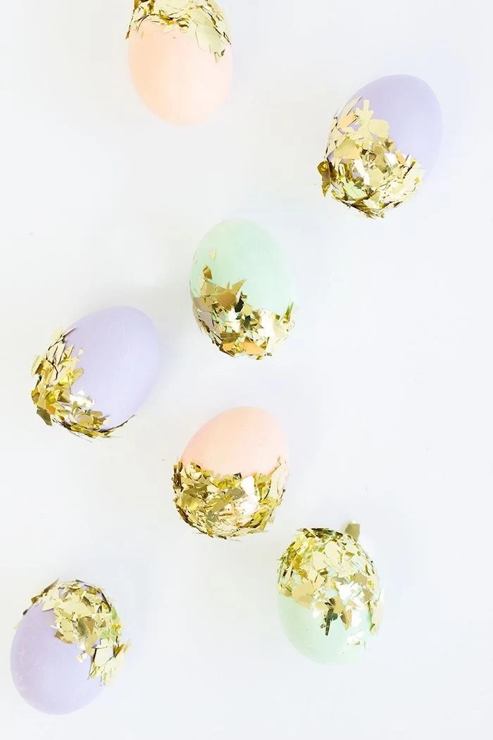 confetti eggs, diy tutorial, easter egg painting, green purple and orange eggs, with gold confetti