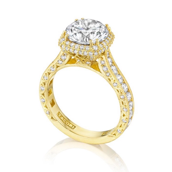 large diamond in the middle, engagement ring styles, golden diamond studded band