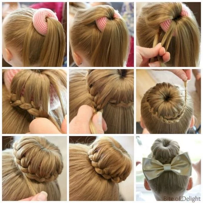 braided hairstyles for little girls, long dark blonde hair, in a braided bun, large golden bow, step by step tutorial