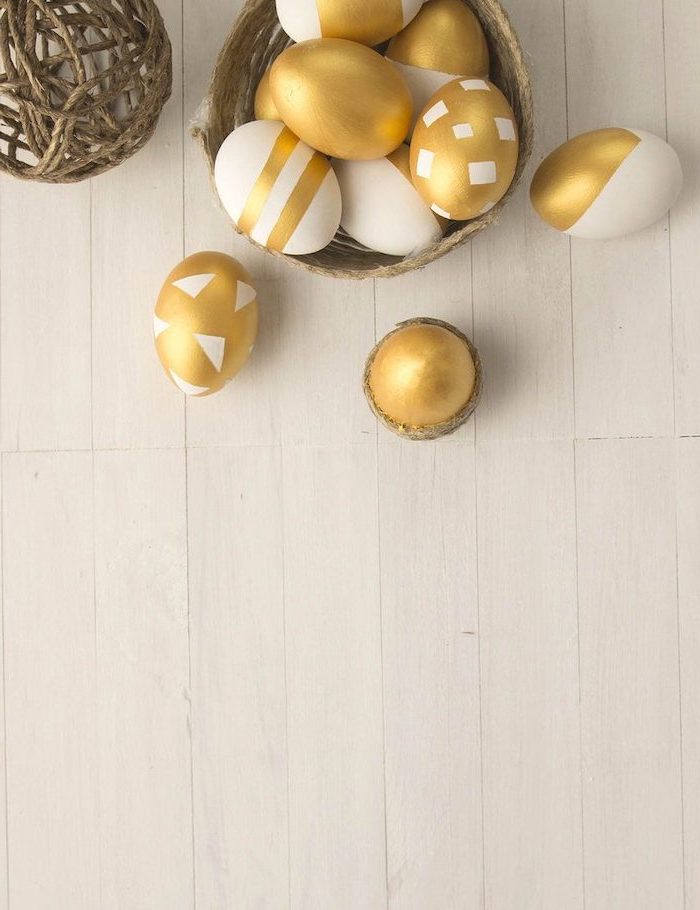 gold and white, geometrical design, dyed eggs, how to make easter eggs, in a wooden basket