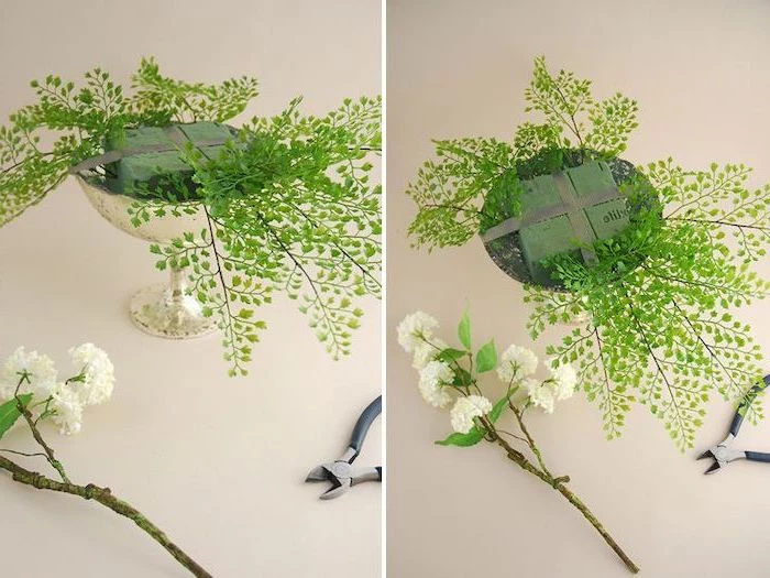 small vase with greenery, diy tutorial, kitchen table centerpieces, on a white countertop