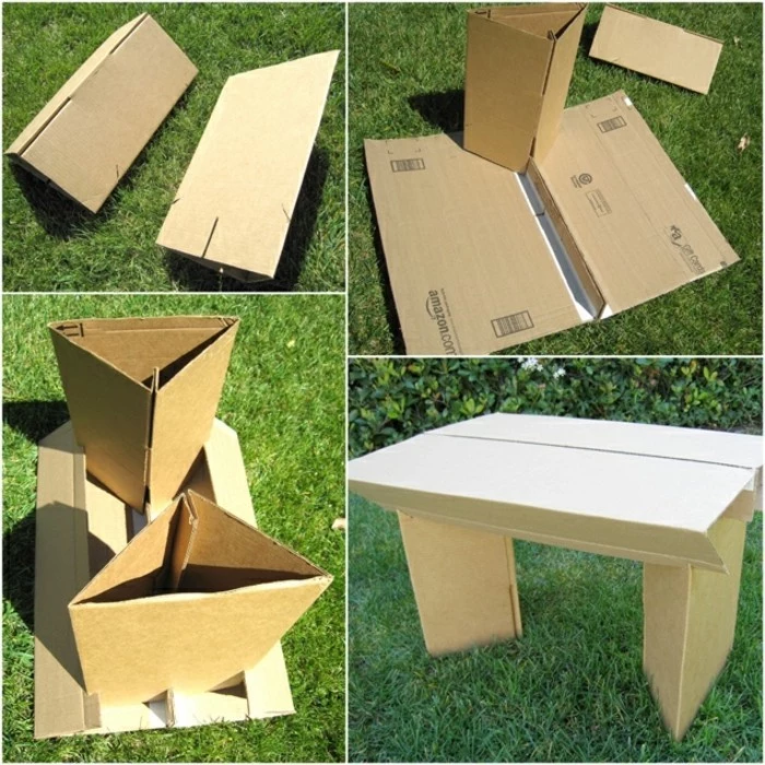 step by step tutorial, how to make a cardboard table, cardboard furniture, diy outside