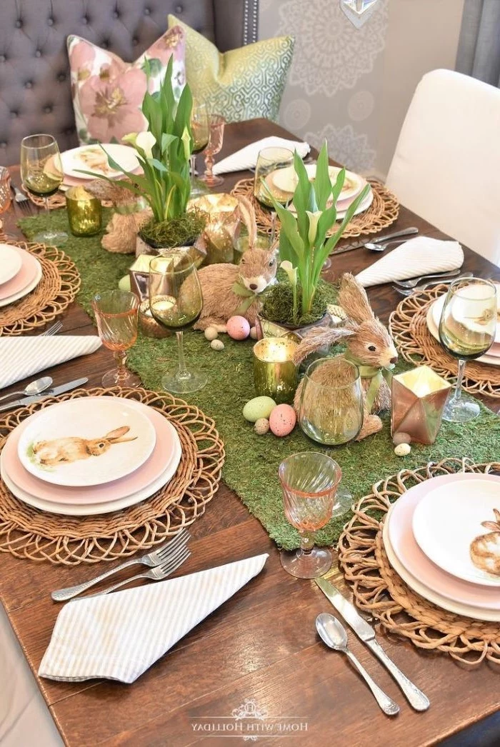 woooden table, easter table decorations, plate settings with bunnies on them, green table runner