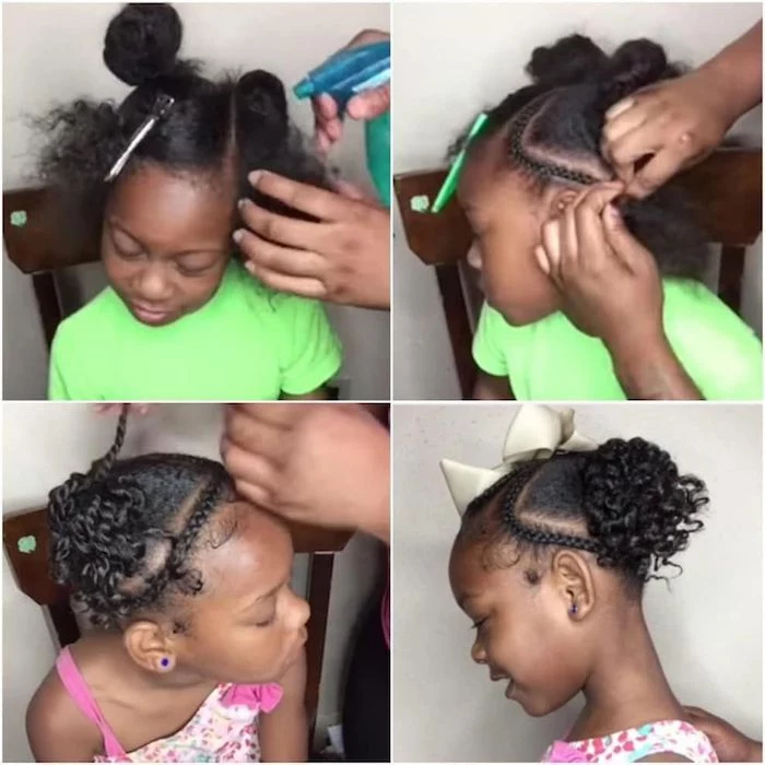 step by step tutorial, black hair, braided buns, green top, pink floral dress, braided hairstyles for little girls