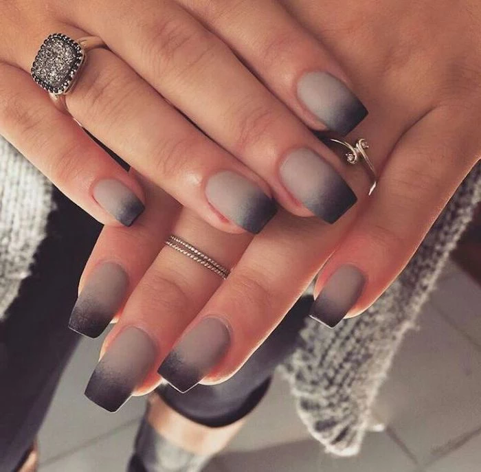 grey and black ombre matte nail polish, nail designs for short nails, long square nails, large diamond ring