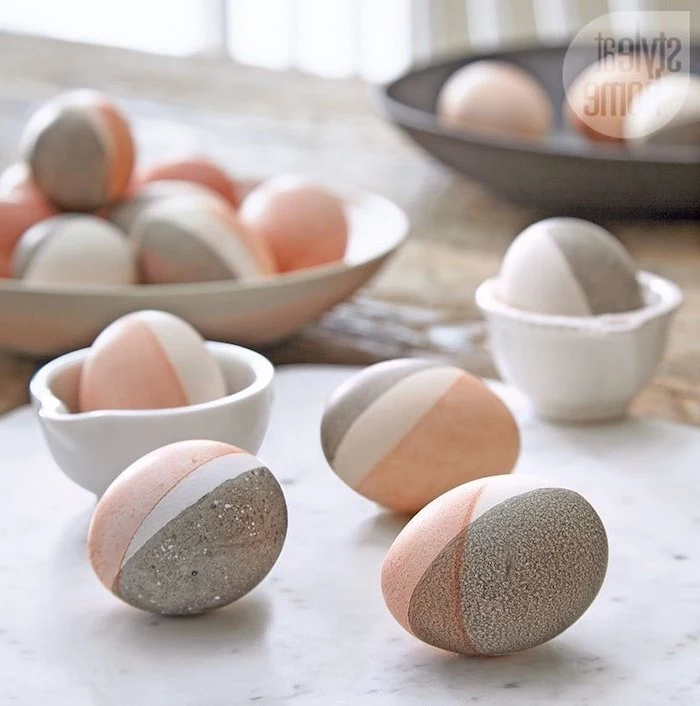 blush and grey, geometrical design, minimalist eggs, on a marble countertop, dying easter eggs with food coloring