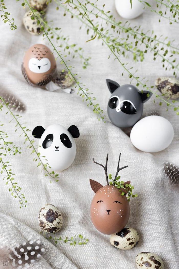 grey brown and white eggs, in the shapes of, owl panda and deer, dying easter eggs with food coloring