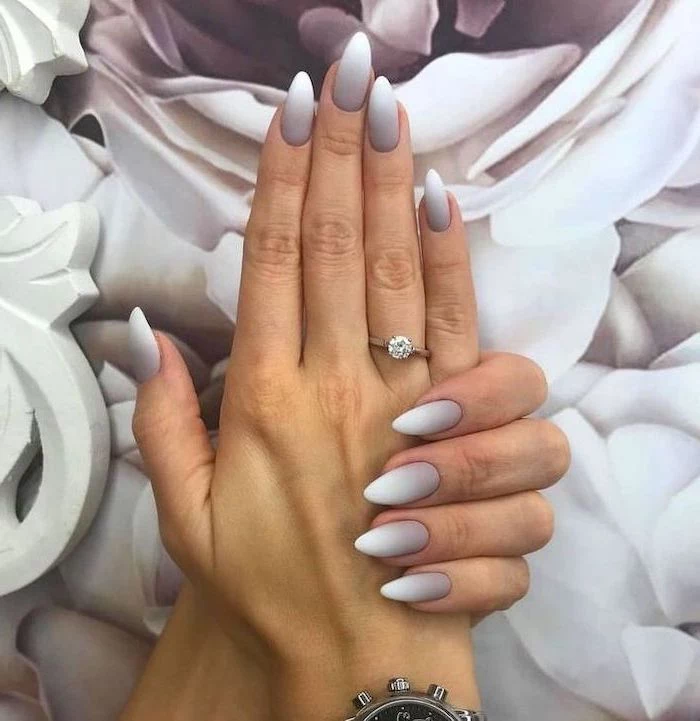 long almond shaped nails, grey and white matte ombre nail polish, nail designs for short nails, cute nail designs for long nails