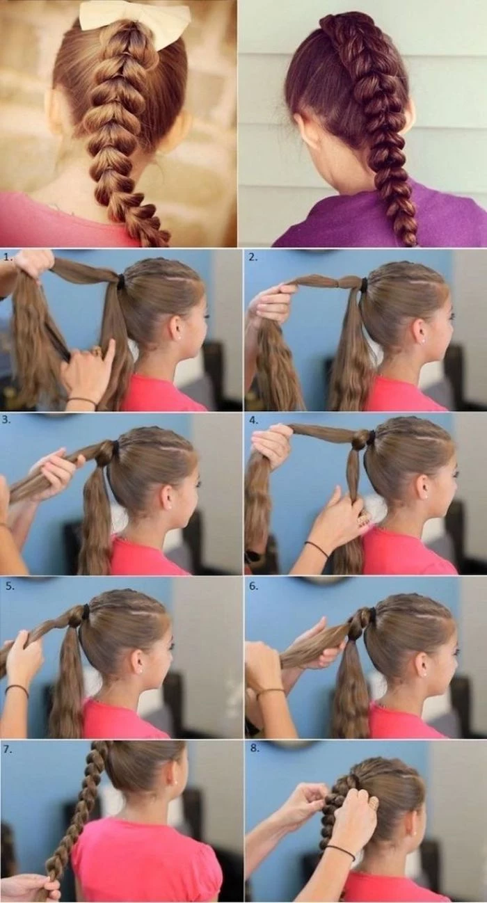 step by step tutorial, braided hairstyles for little girls, long dark blonde hair in a braid