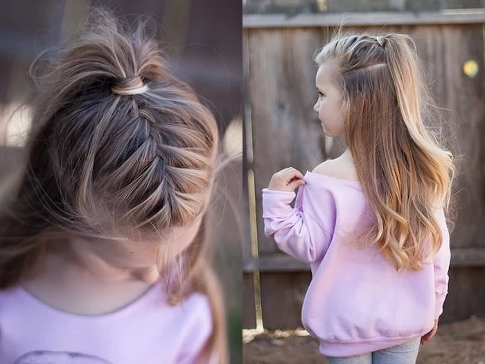 pink blouse, blonde wavy hair, braid ending in a high ponytail, cute hairstyles for little girls