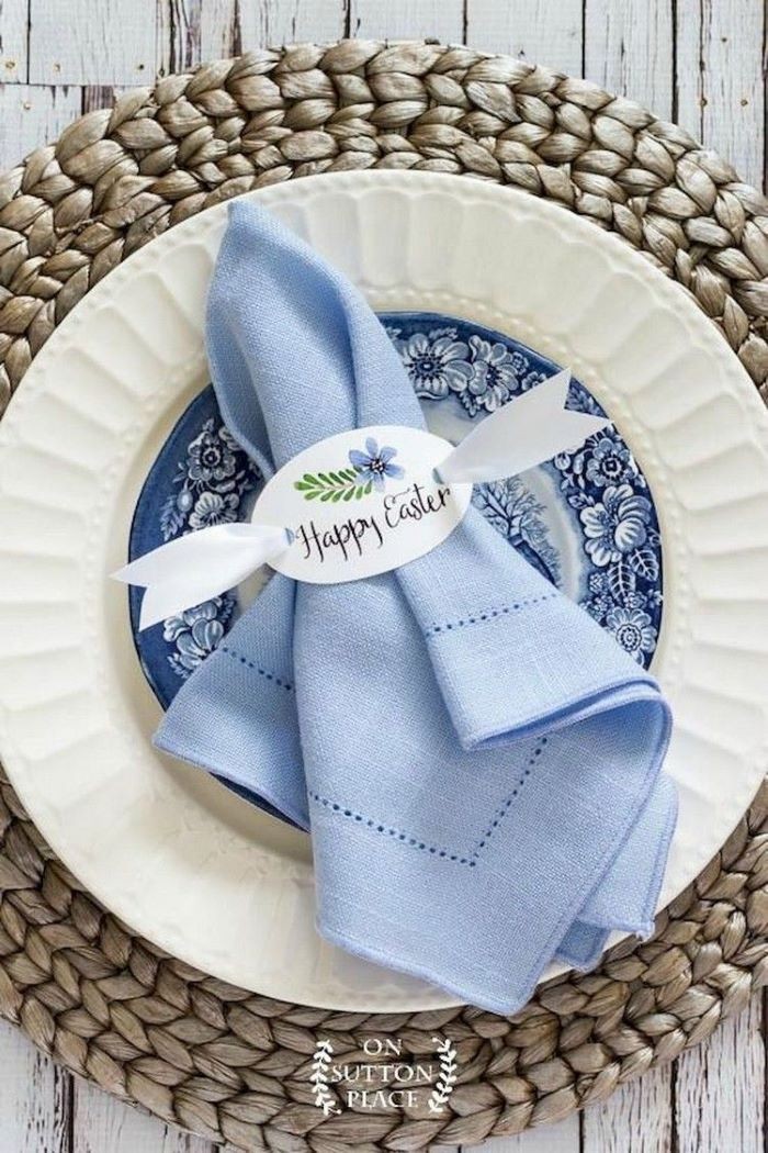 blue napkin, happy eater napkin ring, pinterest easter decorations, blue and white vintage plate