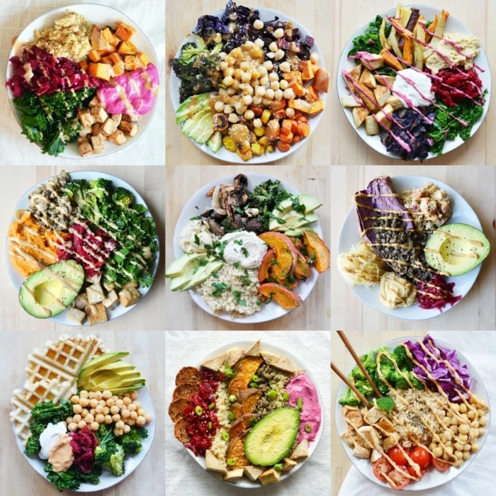 different ideas for a healthy lunch, healthy eating plan, plates full of vegetables, meat and vinaigrette 