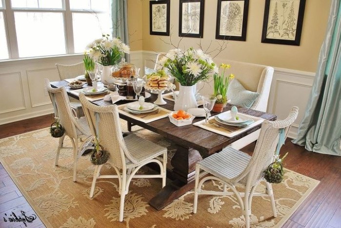 pinterest easter decorations, large bouquets of flowers, cake stands with sweets, white plates