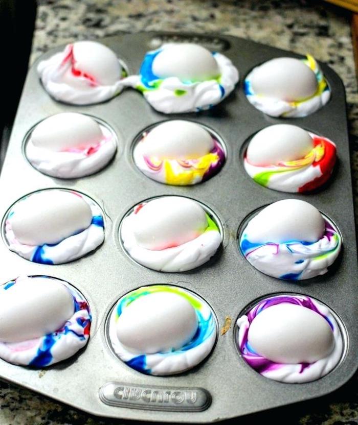 muffins baking tray, diy tutorial, shaving cream eggs, easter egg decorating, colourful dye, white eggs