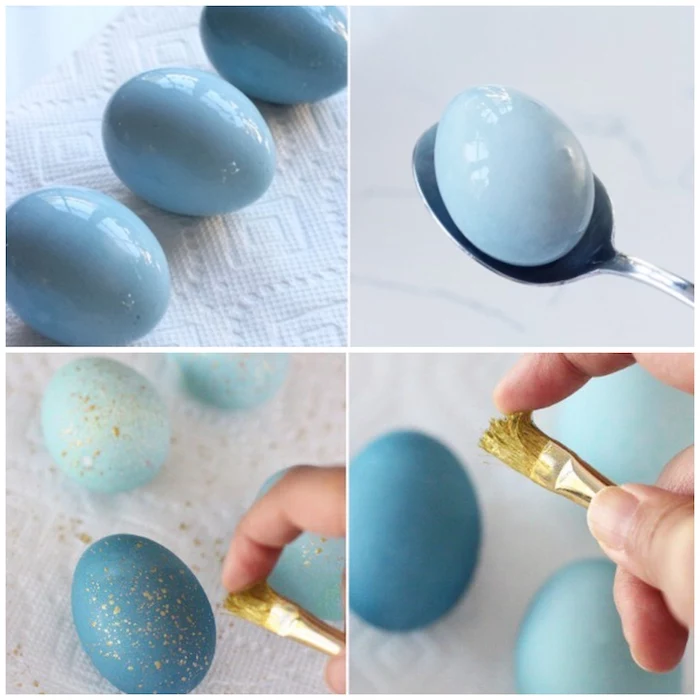 robin eggs, shades of blue, sprayed with golden paint, easter egg designs, white paper towels